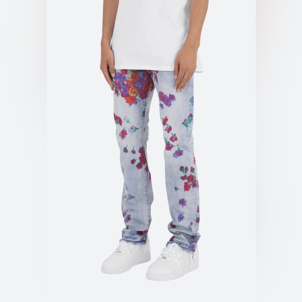 MNML Light Wash Slim Straight Jeans with Red & Purple Floral Print